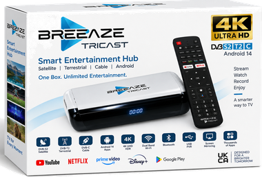 Tricast retail packaging showing the box and remote