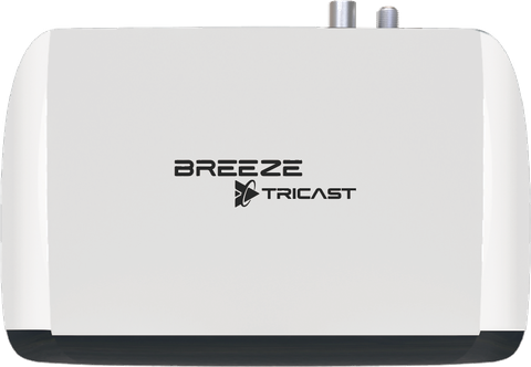 Tricast set-top box viewed from above, showing the aerial and LNB connectors